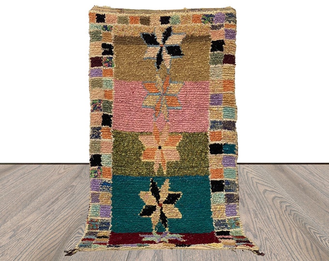 Moroccan Boucherouite Carpet, 4x7 Vintage shag colorful area Rug.