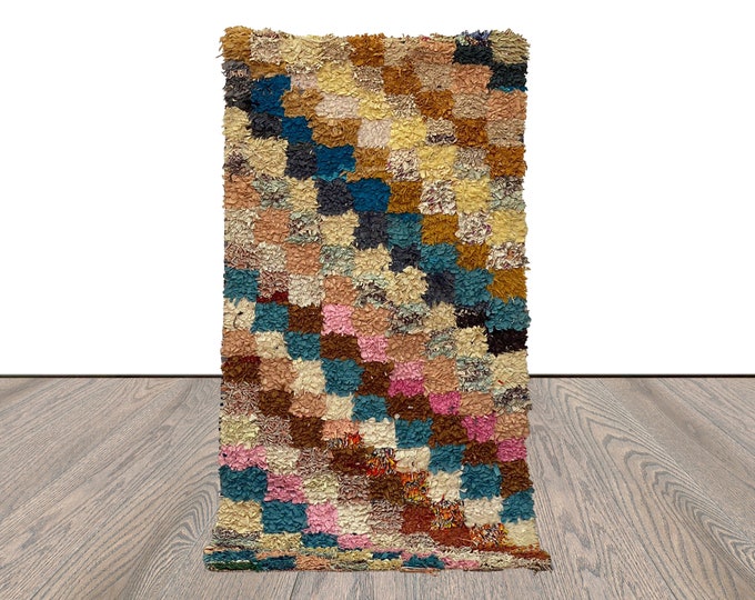 3x7 Moroccan woven checkered shag Rug, Boucherouite Vintage area Rug.