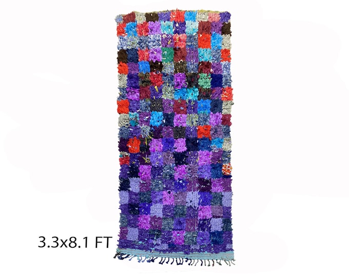 Narrow colorful  3x8 rug runner, Checkered Berber runner rug.