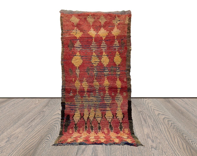 4x9 Moroccan Berber vintage Faded Red and Yellow Diamond Rug.