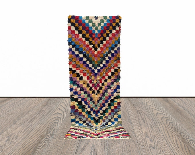 3x8 Checker Boucherouite Vintage Moroccan Vintage Rug.