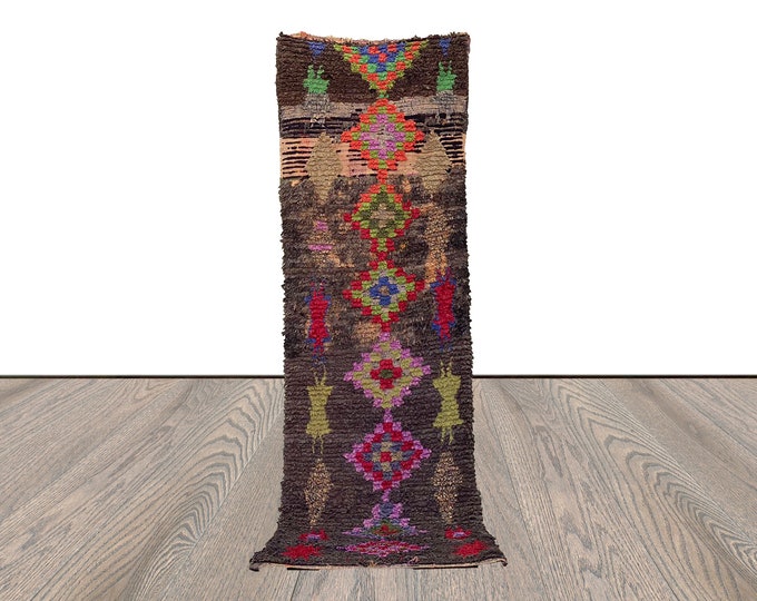 2x8 Boucherouite narrow runner Rug, Moroccan woven Berber checker Rugs.