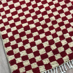 Red and white checkered rug, large moroccan berber checker area rug, morocco checkerboard rug, modern kitchen rug. image 6