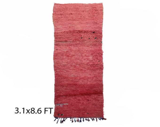 Vintage solid red runner rug 3x9, long Moroccan rug runner.