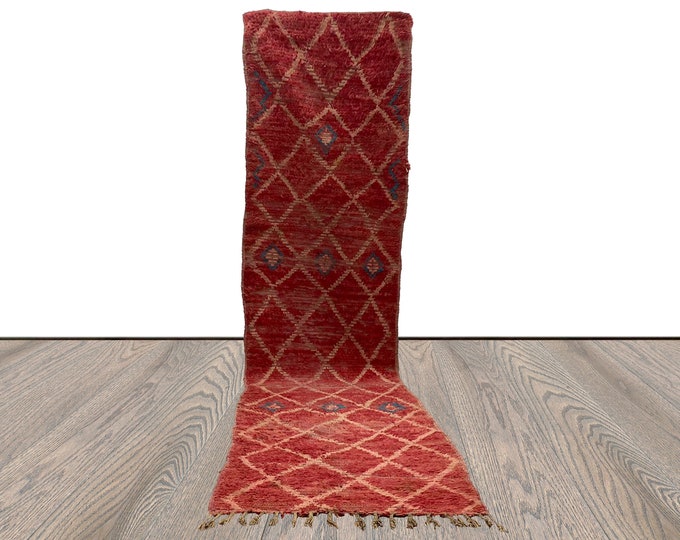 3 By 12 ft Moroccan vintage Diamond faded red and white Extra Long runner rugs, Berber unique Rugs