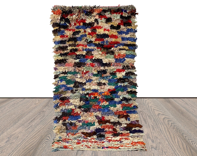 3x6 Vintage small colorful Moroccan Rug, Abstract woven Berber tribal Rug.