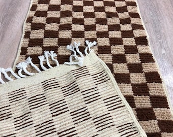 Narrow Moroccan Checkered runner: Brown and cream Berber rug