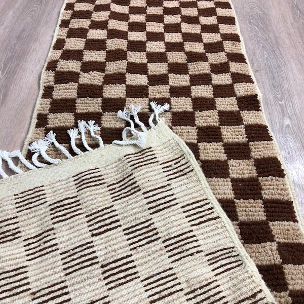 Narrow Moroccan Checkered runner: Brown and cream Berber rug