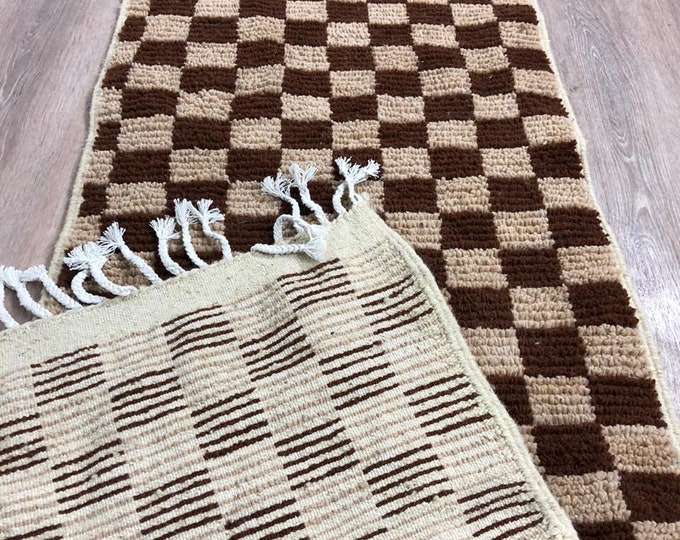 Narrow Moroccan Checkered runner: Brown and cream Berber rug