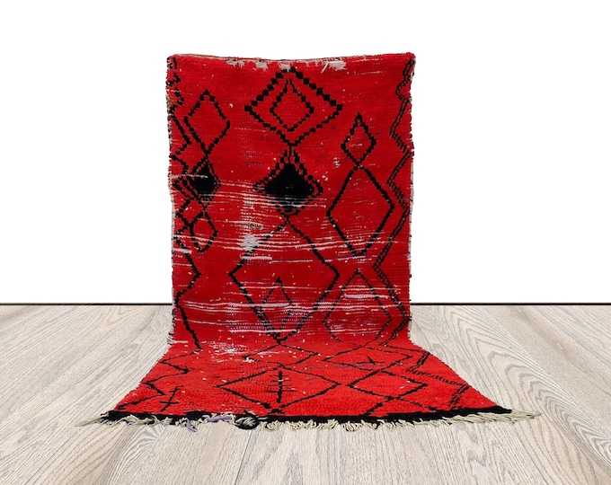 3 x 6 ft Red Wool Rug , Moroccan Berber Vintage Shag Rug.