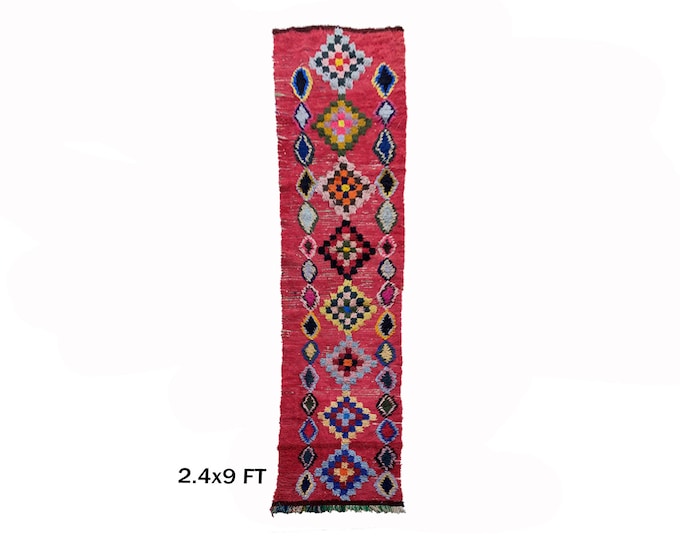 Vintage Moroccan Runner Rug 2x9, Colorful Wool Diamond Pattern Rug Runner!