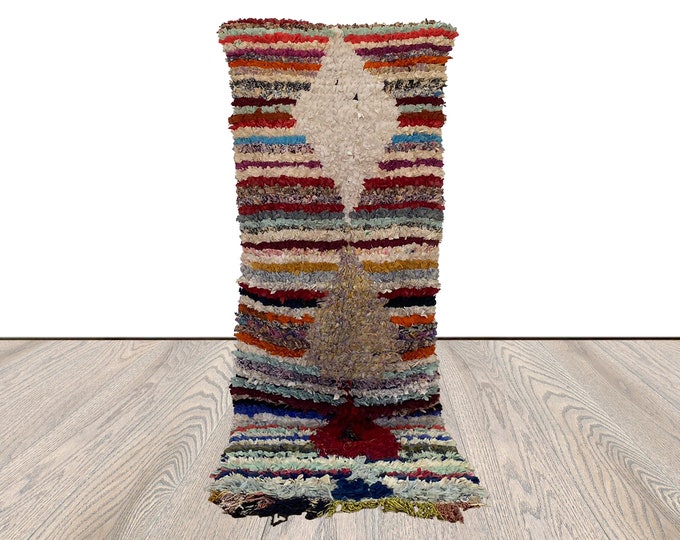 Berber Vintage Boucherouite Narrow runner Rug, 2x7 feet Old Rug.