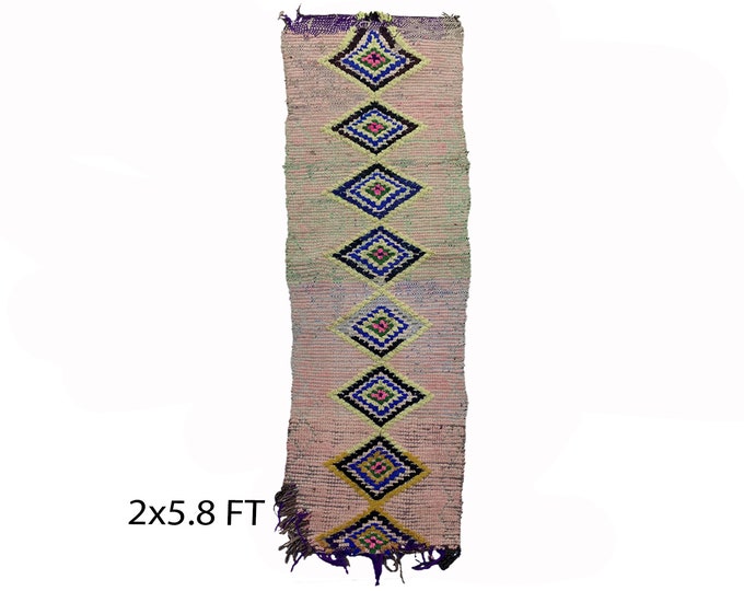 Small colorful vintage runner rug 2x6, Moroccan diamond rug runner.