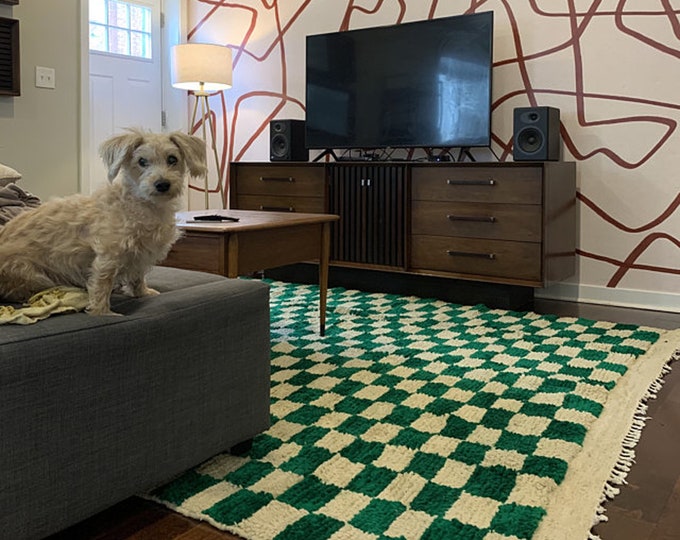 Moroccan Green Checkered rug, Handmade Berber wool shag area rugs for living room.