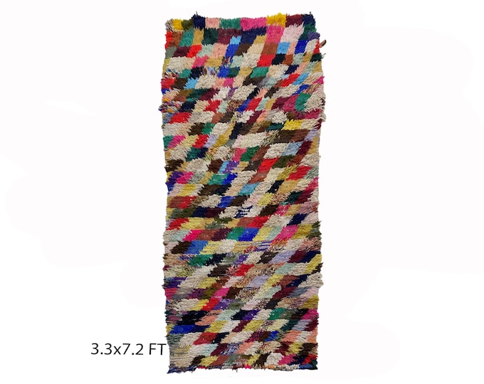 Colorful diamond runner rug 3x7, Moroccan vintage rug runner.