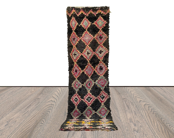 Long narrow runner Boucherouite Dimond colorful  Rug, 3x10 Moroccan vintage narrow runners Rugs.