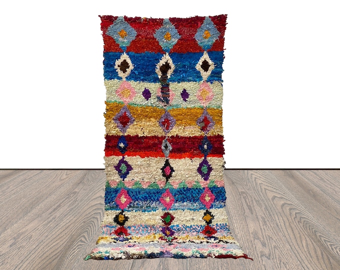 3x8 Diamond colorful runner Rug. Moroccan Berber Boucherouite Rug.