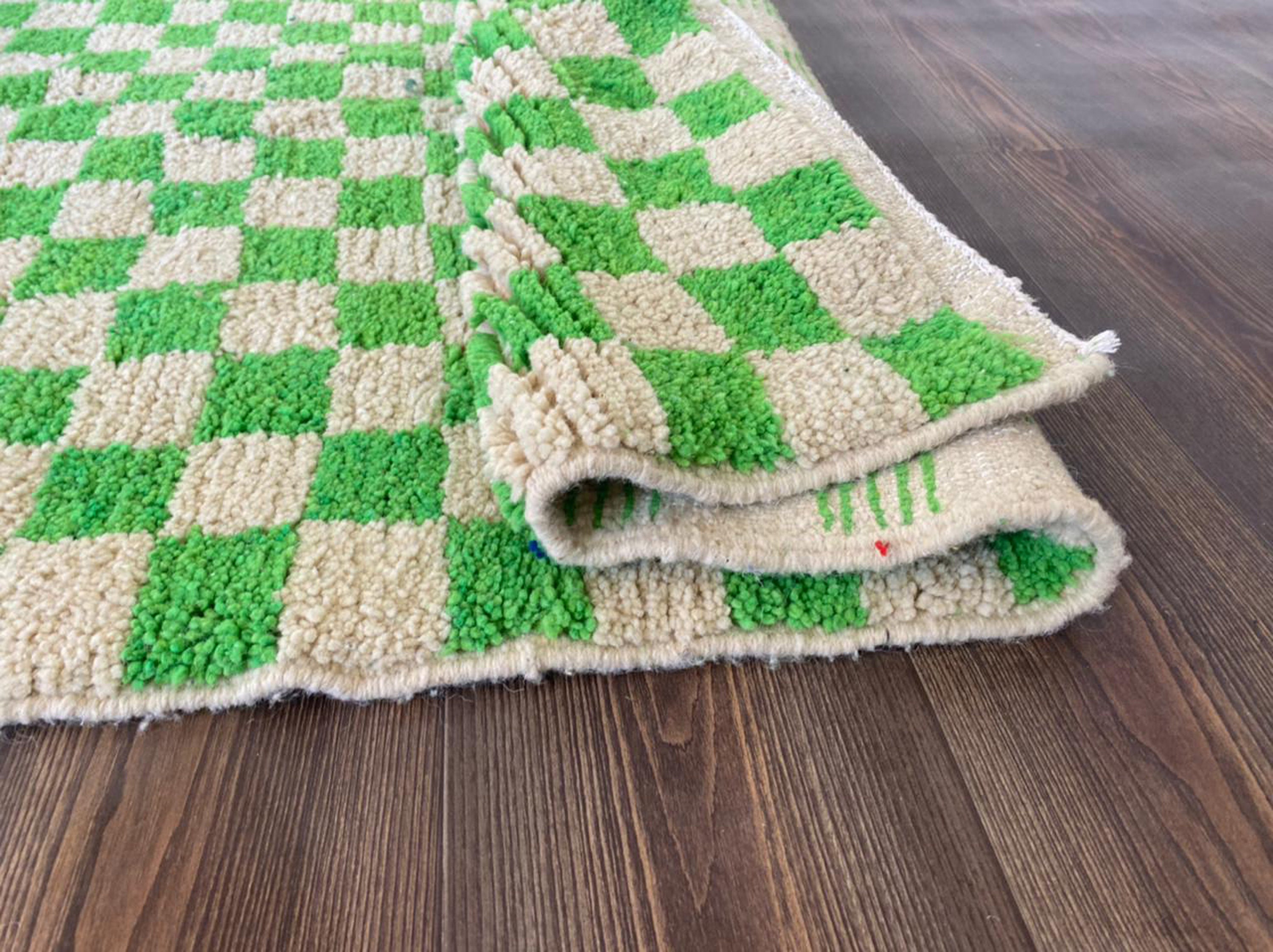 Light Green and white Checkered rug! Moroccan Berber rug