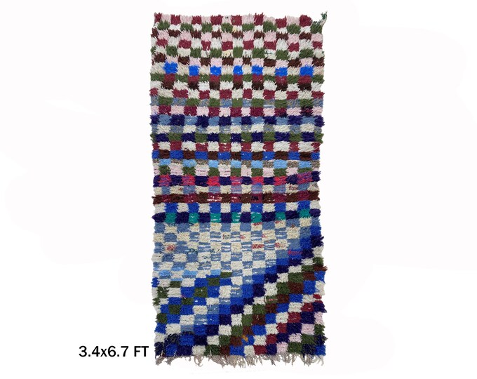 3x7 Moroccan Vintage Berber Runner Rug: Checkered Pattern Design!