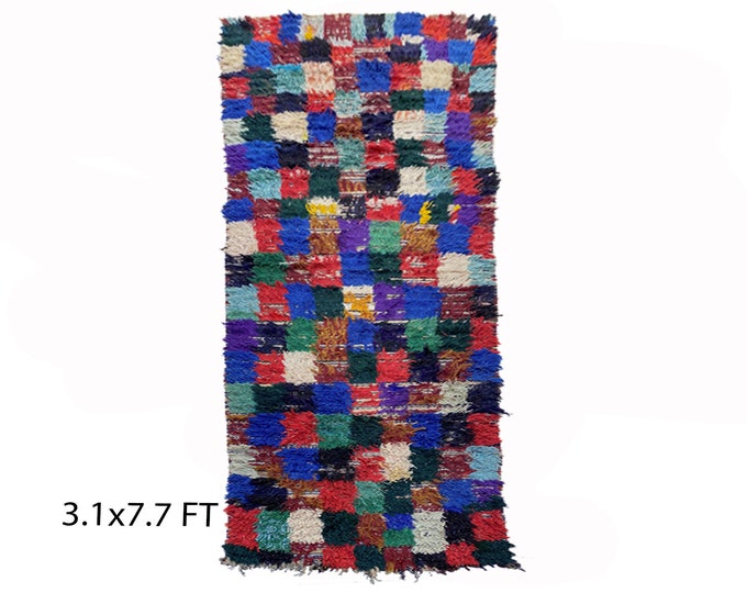 Checkered colorful runner rugs 3x8, Moroccan Berber rug runner.