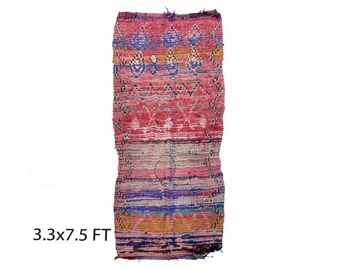 Long vintage worn runner rug 3x7.5, Moroccan Berber rug runner.