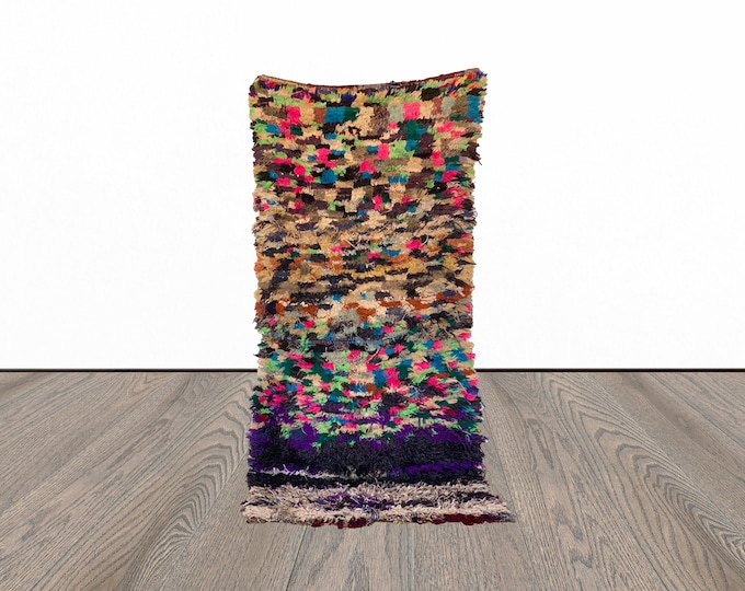 Colorful shag Vintage Rug. Berber Moroccan runner Rug 3x8.