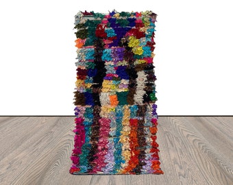 Boucherouite Vintage Moroccan Rug 3x6 , Colorful Diamond Area Rug