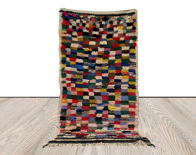 small vintage rug, 3x6 ft moroccan berber colorful checkered area rug.