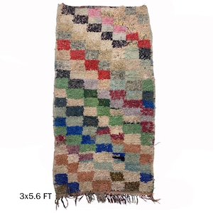 Boucherouite Moroccan Runner Rug 3x6, Unique Vintage Berber Rug.