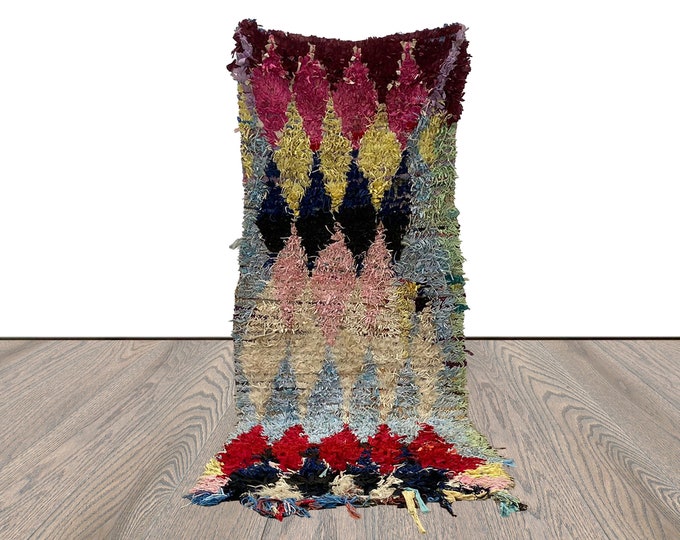 Boucherouite Moroccan Diamond 3x8 ft Shag Rug, Vintage colorful area Rugs.