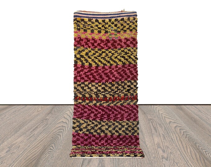 3x8 Checkered colorful Vintage Boucherouite runner Rugs, Moroccan Berber checker Rug.