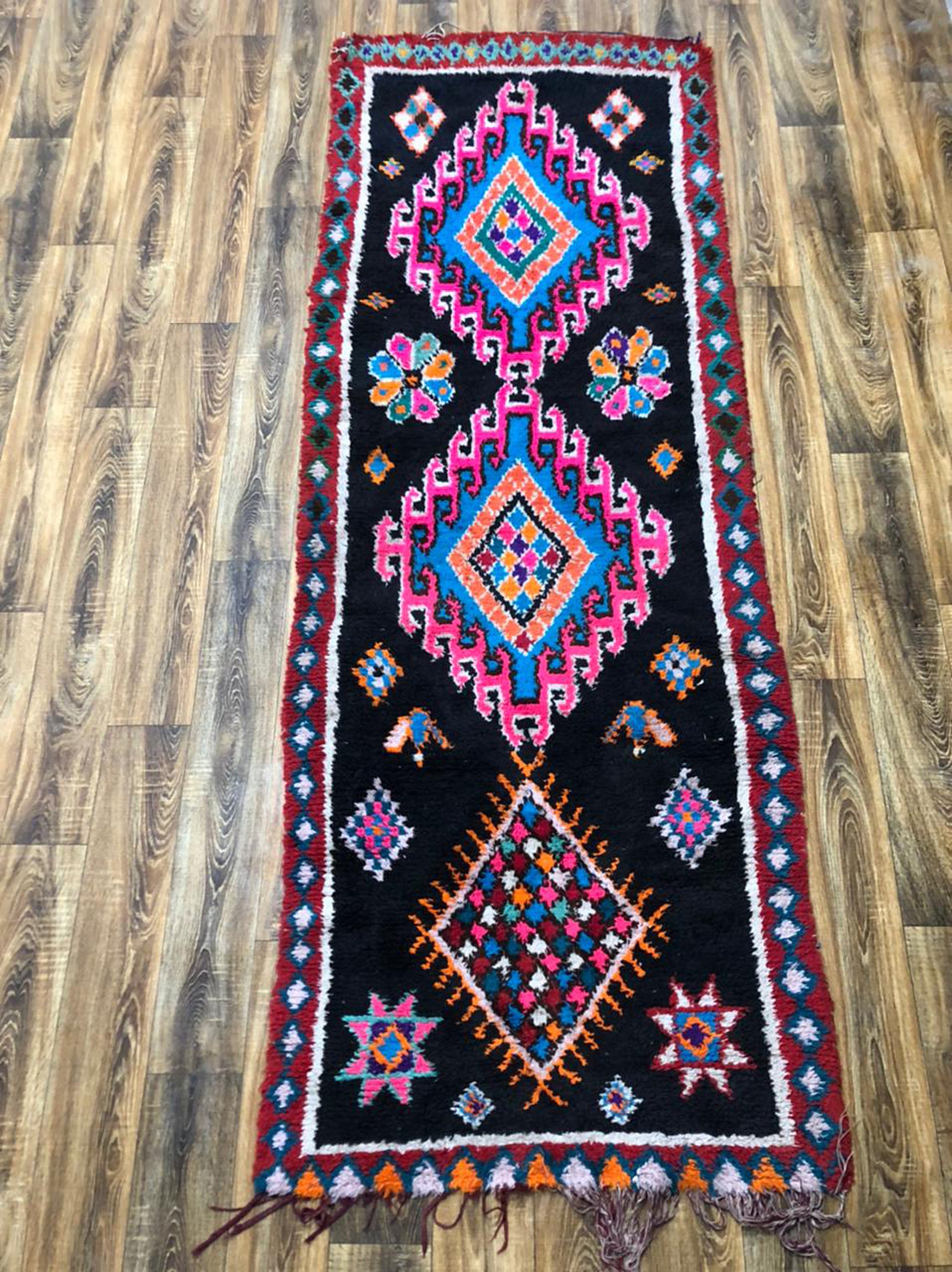 Black and pink Vintage Moroccan runner rug 3x9!