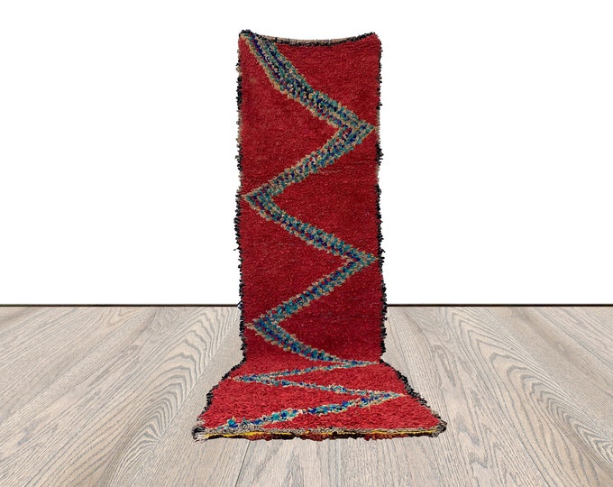 3x10 ft Moroccan Berber Vintage Rug, runner narrow Rug, colorful Boucherouite red striped Rug.