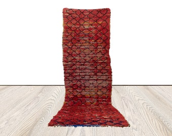 faded red Vintage Rug Moroccan, runner narrow 3 ft by 9 ft.