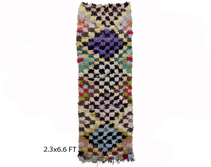 Berber checkered runner rug 2x7, Moroccan vintage rug runner.