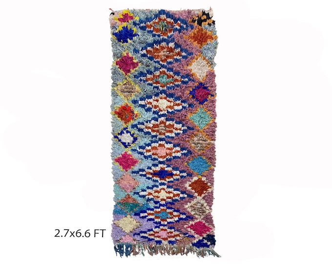 Moroccan vintage rug 3x7, diamond Berber colorful rug.