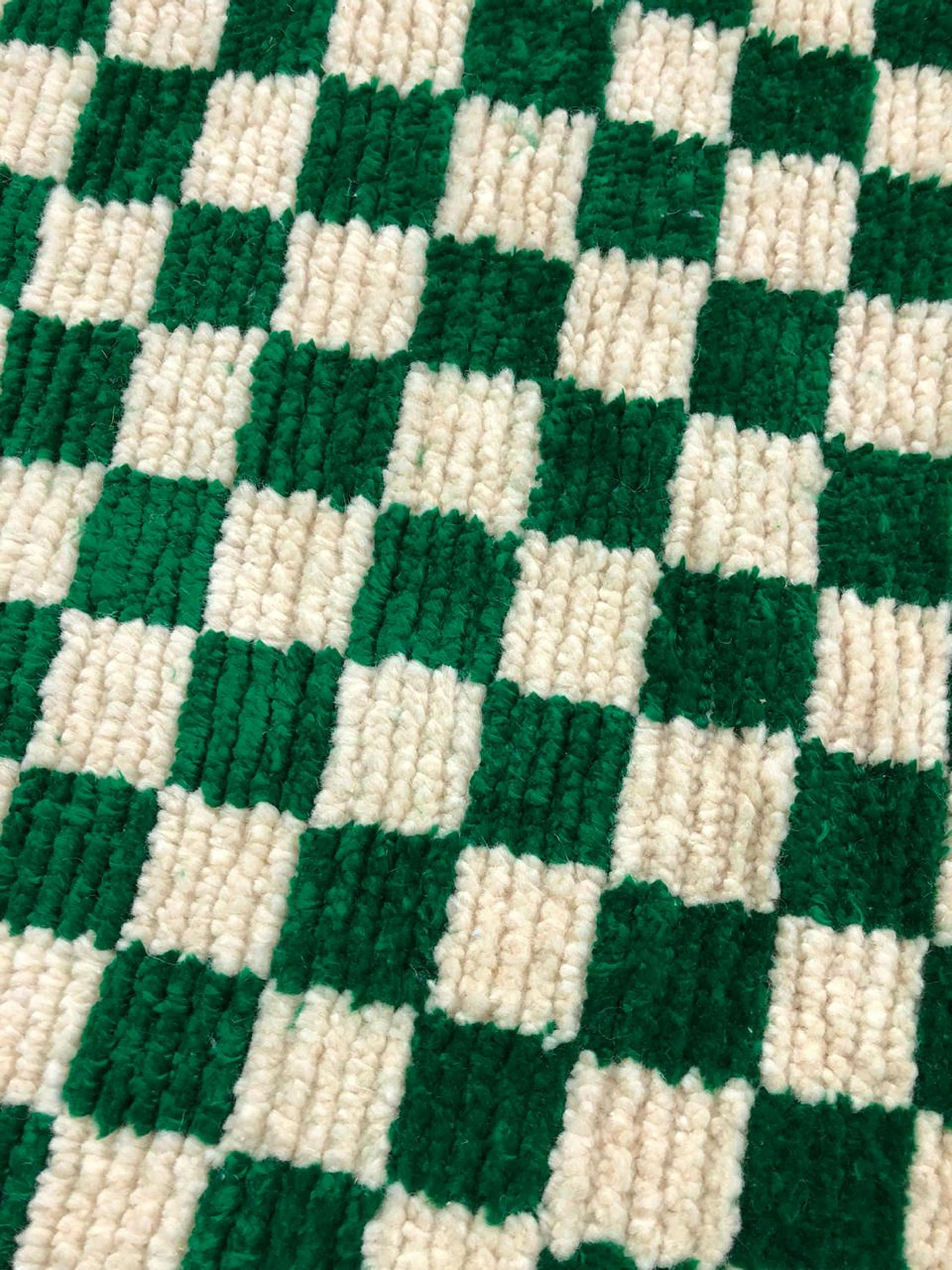 Green and Offwhite Moroccan Checkered Wool soft shag Area Rug!
