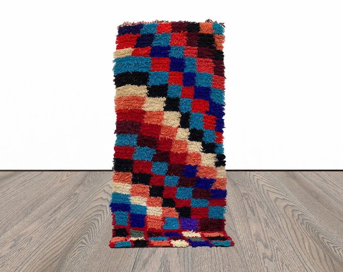3x6 Feet Checker Moroccan Runner Rug, Berber Colorful Rug.