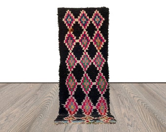 Boucherouite Berber runner Rug, 3x8 Moroccan Vintage woven Diamond Rug.