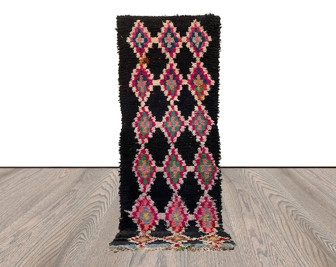 Boucherouite Berber runner Rug, 3x8 Moroccan Vintage woven Diamond Rug.