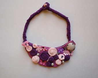 Fabric necklace, Purple and Pink, Handmade, Floral necklace, Recycled, Upcycled, Textile Bib Necklace