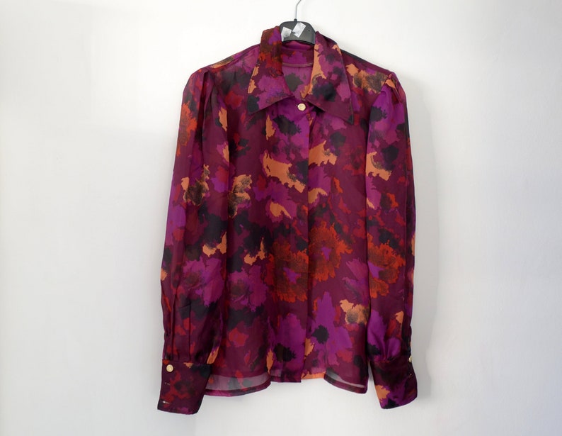 Oversized Medium Vintage 80s Pleated Shoulders Embellished Purple Blouse Decorative Buttons