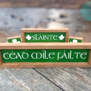 Decoración para el hogar del Día de San Patricio / Bar irlandés / Pub irlandés / Letrero de madera irlandés pintado a mano / Slainte / Cead Mile Failte / Bloques de trébol / 4 piezas