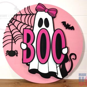Halloween Ghost Sign, Halloween Decor, Pinkoween Decor, Boo Sign, Fall, Autumn, Coquette Sign, Cute Ghost, Front Door Halloween Sign