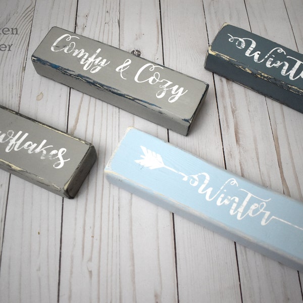 Winter Shelf Sitters - Single Word Blocks - Country Shelf Sitter Wood Sign - Home Decor- Choose any 1 - Winter, Snowflakes, Comfy Cozy