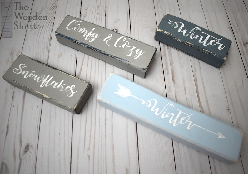 Country Shelf Sitter Wood Sign Single Word Blocks Winter Comfy Cozy Choose any 1 Winter Shelf Sitters Snowflakes