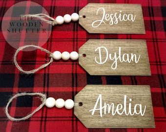 Stocking Tag, Christmas Present Tag, Beaded Wooden Name Tag, Christmas Stocking Tags, Personalized Stocking Name Tags, Wedding Name Tags