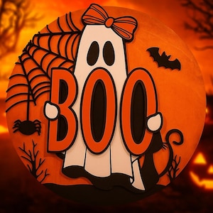 Halloween Ghost Sign, Halloween Decor, Pinkoween Decor, Boo Sign, Fall, Autumn, Coquette Sign, Cute Ghost, Front Door Halloween Sign