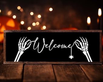 Skeleton Welcome Sign, Halloween Welcome Sign, Welcome Halloween Sign, Fall Sign, Over the Bed Sign, Sign Above Bed, Halloween Decor