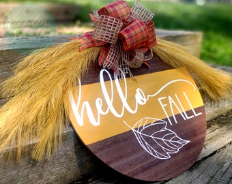 Hello Fall Door Sign, Fall Door Hanger, Pampas Decor, Hello Fall Sign, Fall Porch Decor, Fall Front Door Decor, Fall Wreath